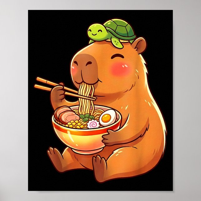 Cute capybara and turtle backpack ramen kawaii poster (Front)
