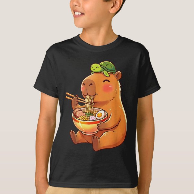 Cute capybara and turtle backpack ramen kawaii T-Shirt (Front)