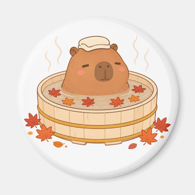 Cute Capybara Autumn Onsen Maple Leaf Magnet (Front)