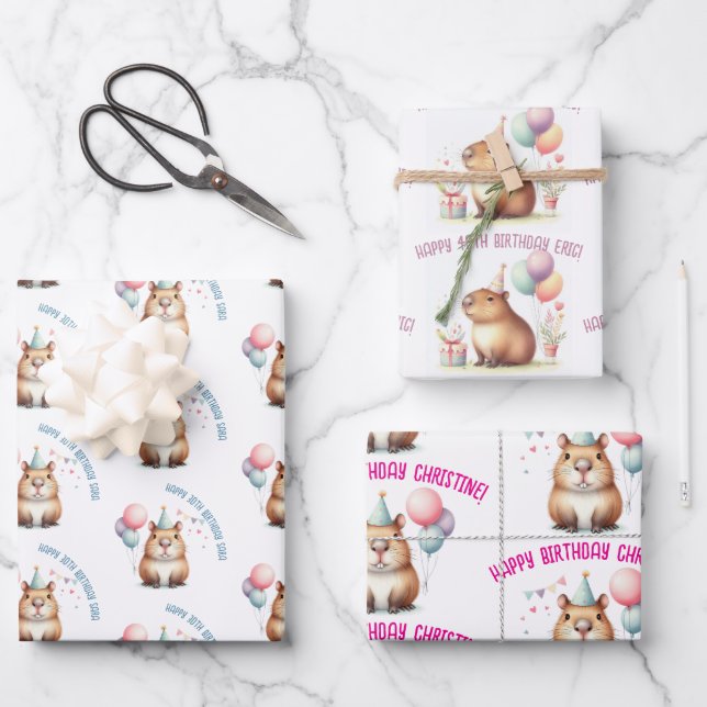 cute capybara birthday celebration wrapping paper sheet (Front)