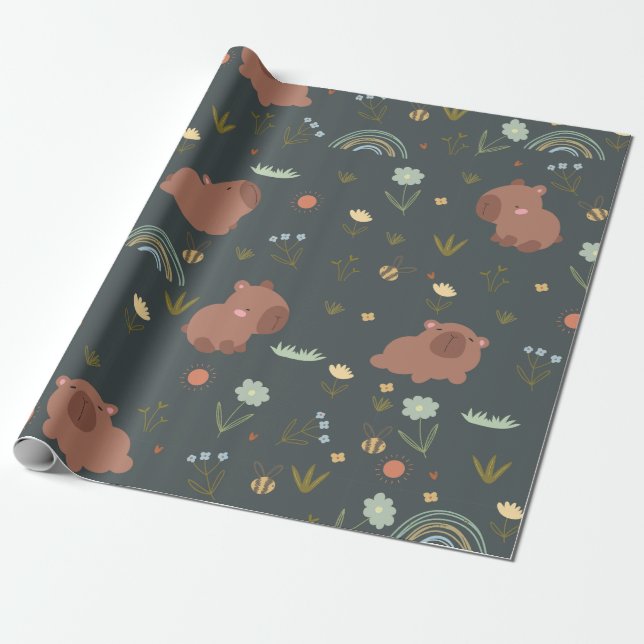 Cute Capybara Boho Rainbow Floral Pattern Wrapping Paper (Unrolled)