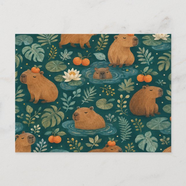 Cute Capybara Botanical Pattern Postcard (Front)
