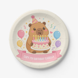 Cute Capybara Capy 7th Birthday Girl Name Pink Paper Plate