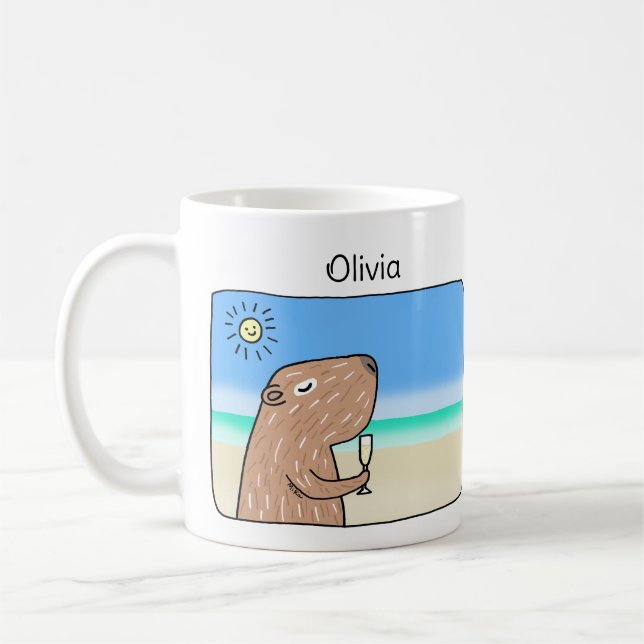 Cute Capybara chilling out on beach custom name Coffee Mug (Left)