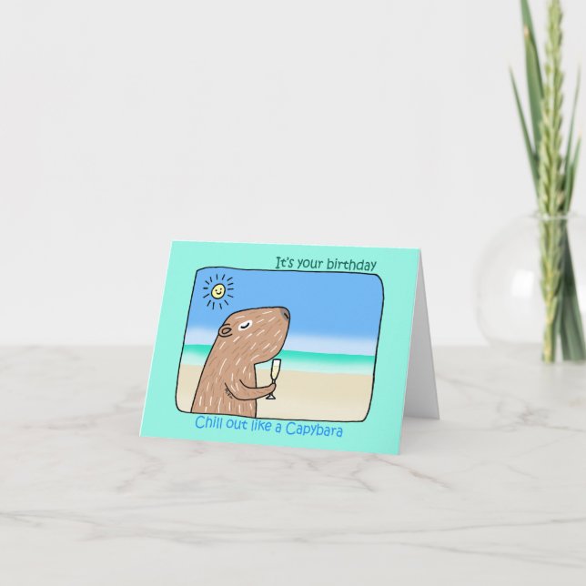Cute Capybara chilling out on beach happy birthday Card (Front)