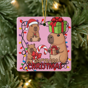 Cute Capybara Christmas Lights Festive Party Pink Ceramic Ornament
