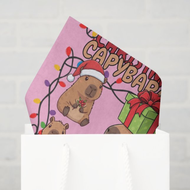 Cute Capybara Christmas Lights Festive Party Pink Tissue Paper (Gift Bag)
