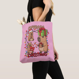 Cute Capybara Christmas Lights Festive Party Pink Tote Bag