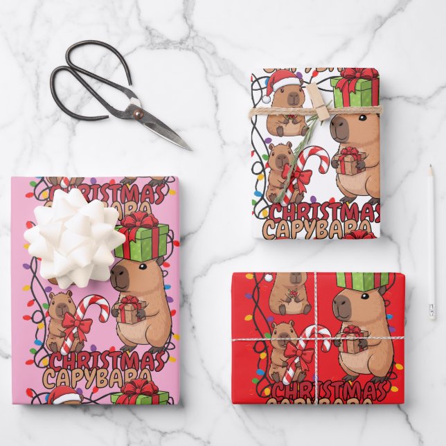 Cute Capybara Christmas Lights Festive Party Pink Wrapping Paper Sheet (Front)