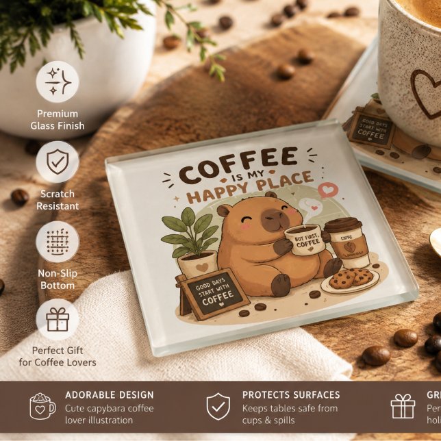 Cute Capybara Coffee Lover Glass Coaster | Coffee  (Creator Uploaded)
