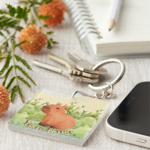 Cute Capybara Custom Name Square Acrylic Key Ring