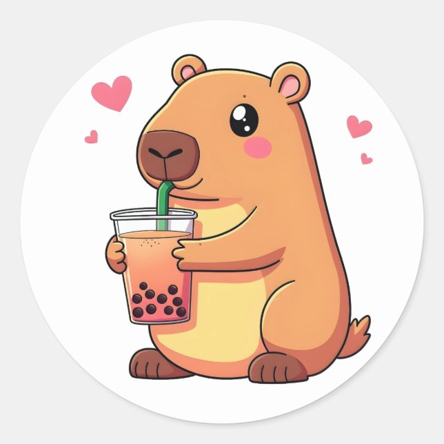Cute Capybara Drinking Boba Bubble Tea Women Girls Classic Round Sticker (Front)