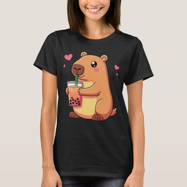 Cute Capybara Drinking Boba Bubble Tea Women Girls T-Shirt (Front)