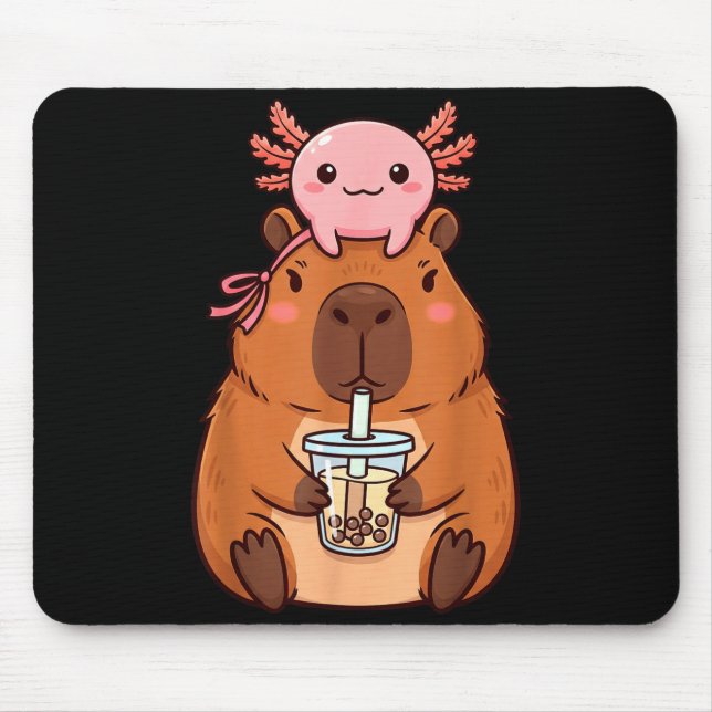 Cute Capybara Drinking Boba Tea Artwork Mouse Mat (Front)
