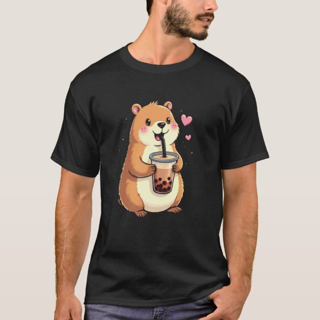 Cute Capybara Drinking Boba Tea T-Shirt (Front)