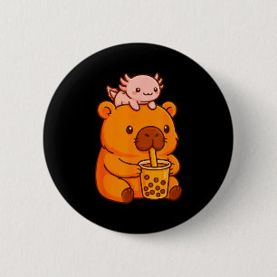 Cute Capybara Drinking Bubble Tea And Axolotl Kawa 6 Cm Round Badge