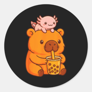 Cute Capybara Drinking Bubble Tea And Axolotl Kawa Classic Round Sticker