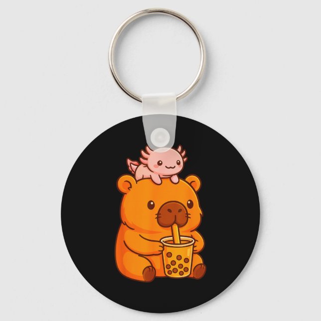 Cute Capybara Drinking Bubble Tea And Axolotl Kawa Key Ring (Front)