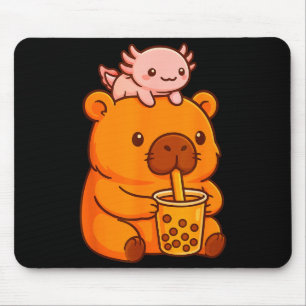 Cute Capybara Drinking Bubble Tea And Axolotl Kawa Mouse Mat