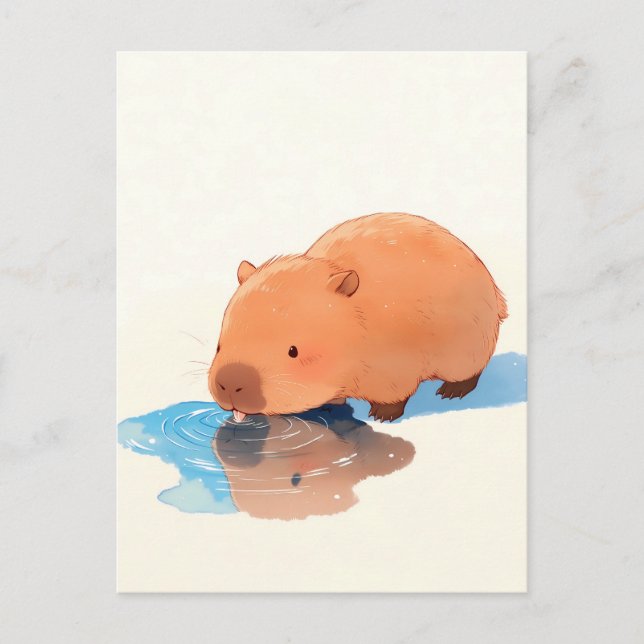 Cute Capybara Drinking from Blue Puddle Postcard (Front)