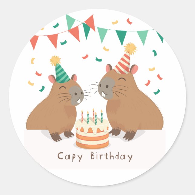 Cute capybara family celebrating birthday classic round sticker (Front)