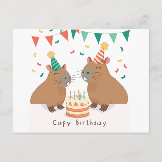 Cute capybara family celebrating birthday postcard (Front)