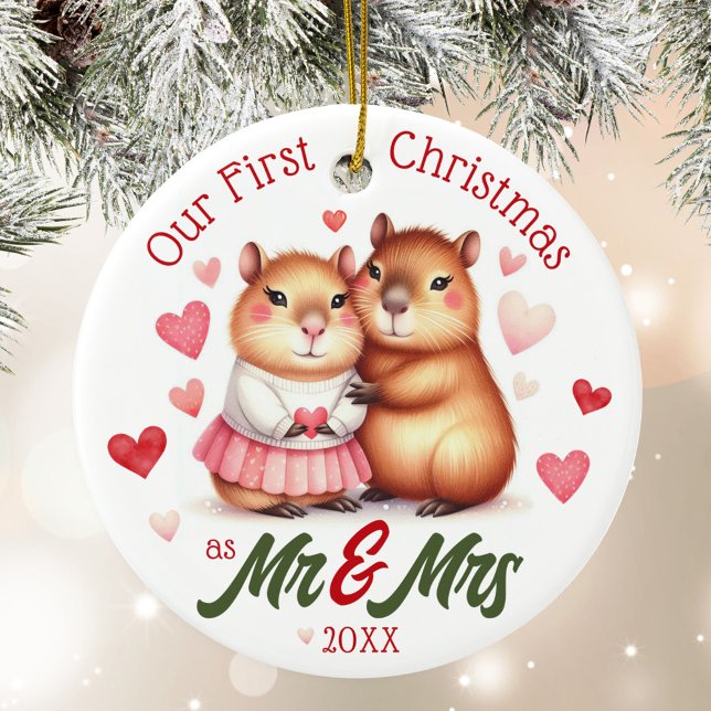 Cute Capybara First Christmas as Mr & Mrs Married Ceramic Tree Decoration (Cute capybara married couple Our First Christmas as Mr & Mrs year personalized name wedding ornament)