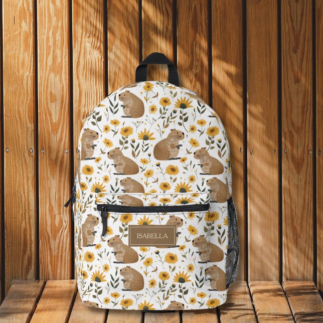 Cute Capybara Floral Backpack (cute capy capybara sunflower floral backpack with custom name for back to school supplies)