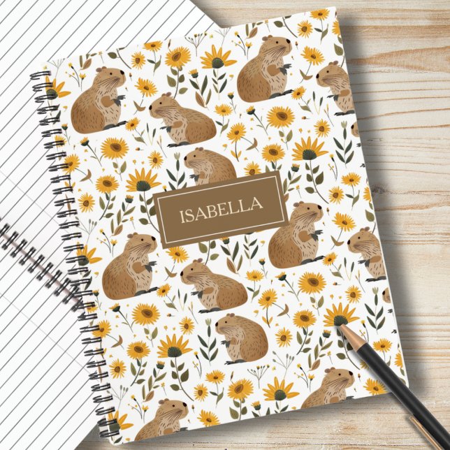 Cute Capybara Floral Spiral Notebook (cute capybara spiral notebook for girls, floral sunflower pattern, personalized notebook gift)