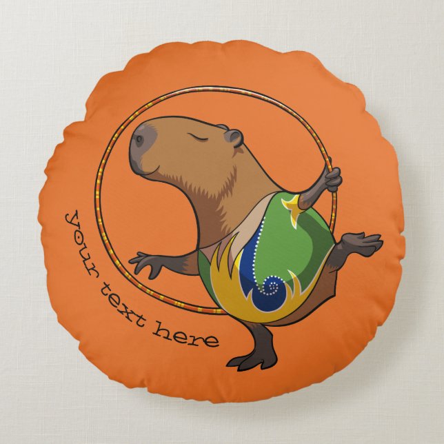 Cute Capybara Gymnast Hoop Cartoon With Caption Round Cushion (Front)