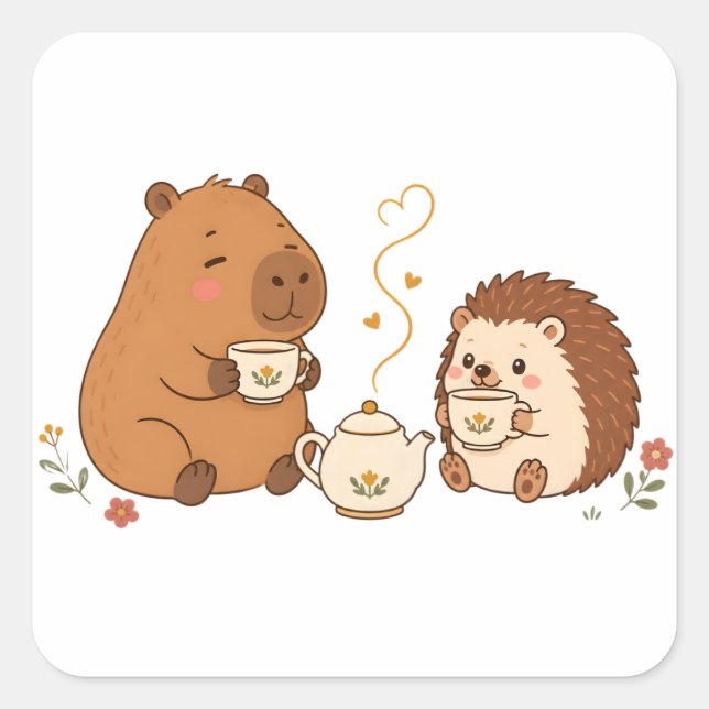 Cute Capybara Hedgehog Tea Time Friends Sticker (Front)