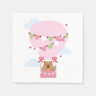 Cute Capybara Hot Air Balloon Pink Baby Shower Napkin