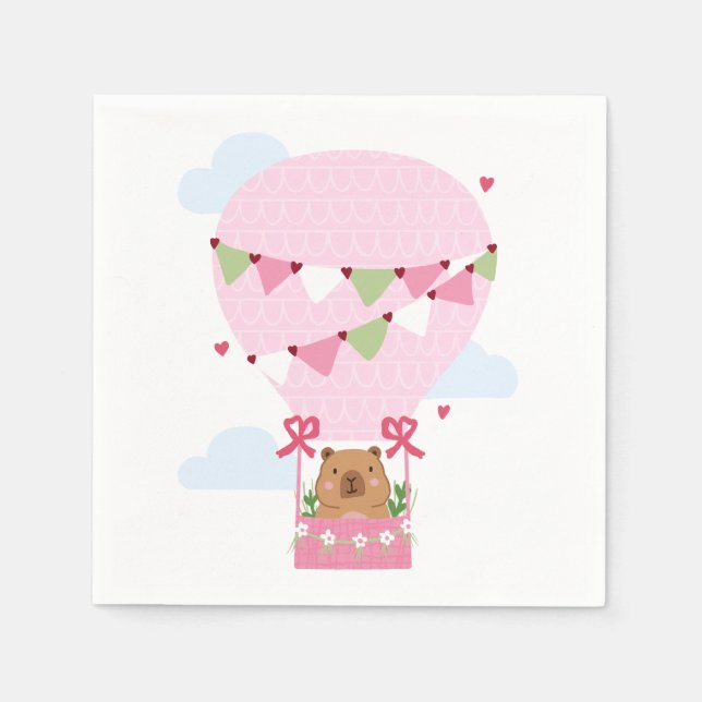 Cute Capybara Hot Air Balloon Pink Baby Shower Napkin (Front)