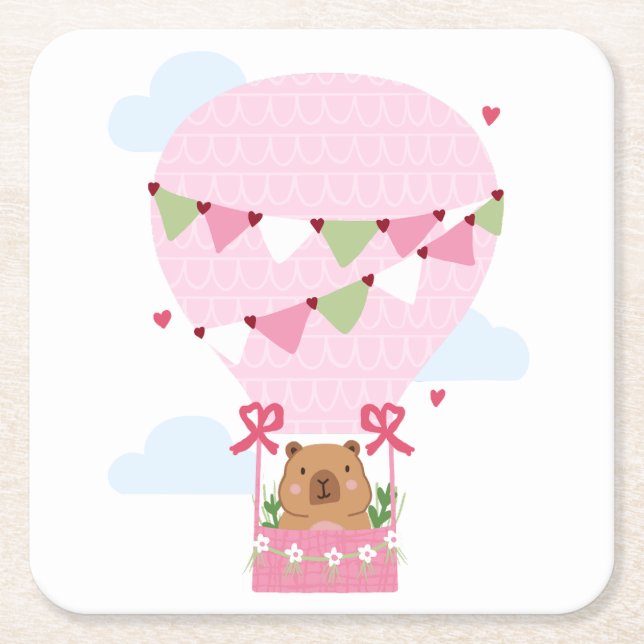 Cute Capybara Hot Air Balloon Pink Baby Shower Square Paper Coaster (Front)