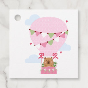 Cute Capybara Hot Air Balloon Pink Birthday Party Favour Tags