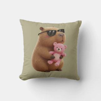 Cute Capybara Hugging Teddy Bear Sage Green  Cushion