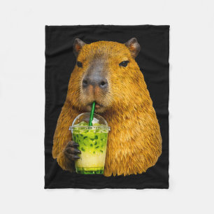 Cute capybara iced matcha latte lover meme  fleece blanket