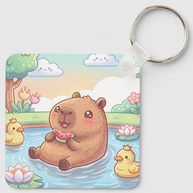 Cute capybara in a pond key ring (Back)
