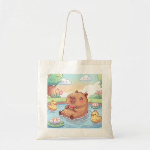 Cute capybara in a pond tote bag