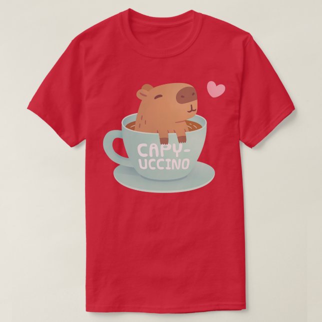 Cute Capybara In Cup Capyuccino Pun Humour T-Shirt (Design Front)