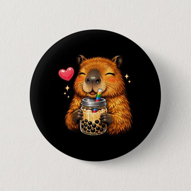 Cute Capybara Kawaii Anime Drinking Bubble Tea 6 Cm Round Badge (Front)