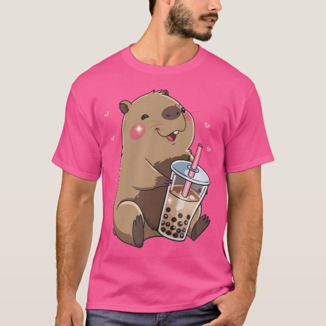 Cute Capybara Kawaii Anime Drinking Bubble Tea Cap T-Shirt (Front)
