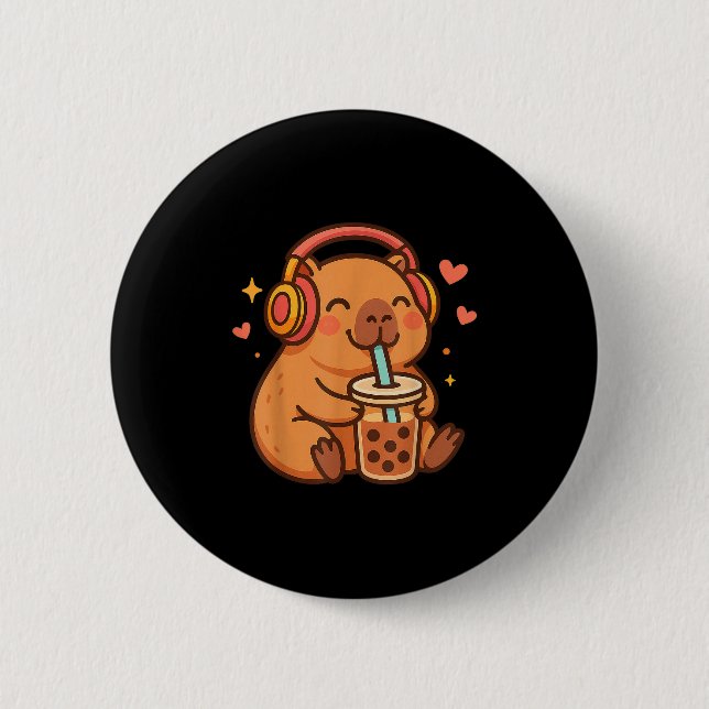 Cute Capybara Kawaii Anime Drinking Bubble Tea Lov 6 Cm Round Badge (Front)