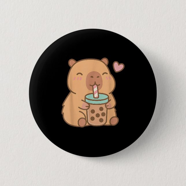 Cute Capybara Kawaii Anime Drinking Bubble Tea Lov 6 Cm Round Badge (Front)