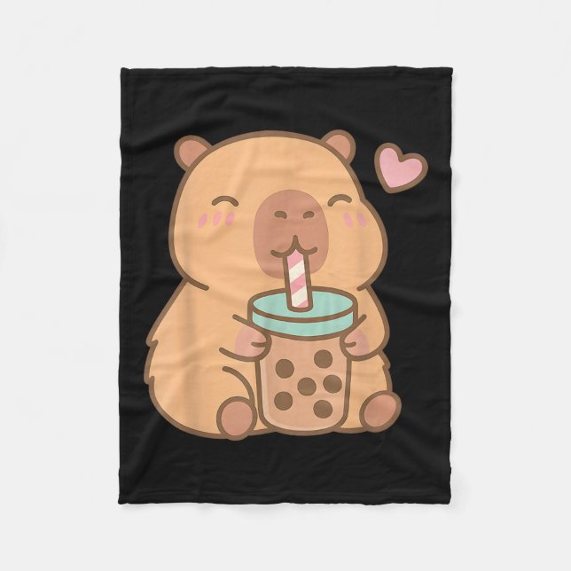Cute Capybara Kawaii Anime Drinking Bubble Tea Lov Fleece Blanket (Front)