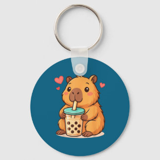 Cute Capybara Kawaii Anime Drinking Bubble Tea Lov Key Ring
