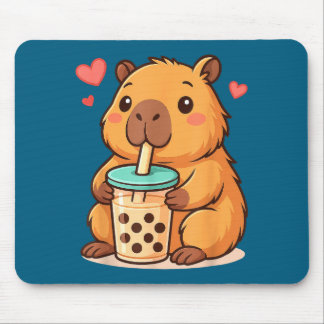 Cute Capybara Kawaii Anime Drinking Bubble Tea Lov Mouse Mat