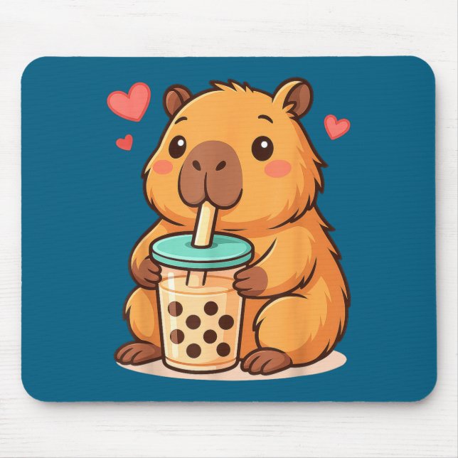 Cute Capybara Kawaii Anime Drinking Bubble Tea Lov Mouse Mat (Front)
