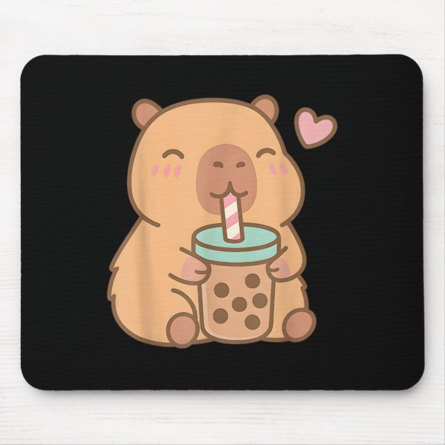 Cute Capybara Kawaii Anime Drinking Bubble Tea Lov Mouse Mat (Front)