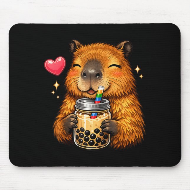 Cute Capybara Kawaii Anime Drinking Bubble Tea Mouse Mat (Front)